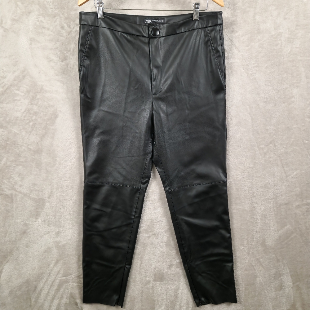 Zara Pants Womens Size XXL Black Faux Leather Ankle Zip City Chic Sustainable